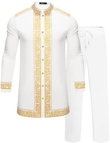 Mens African 2 Piece Set Nigerian Dashiki Metallic Traditional Suit Gold Stamp Printed Shirt and Pants Outfit