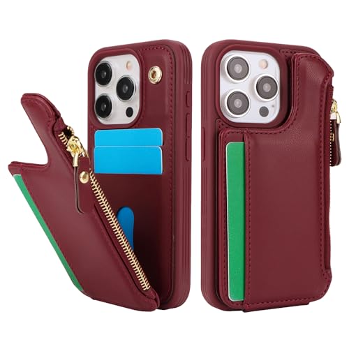 Image of Cavor for iPhone 13 Pro Case with Card Holder,for iPhone 13 Pro Wallet Case for Women Men,Leather Magnetic Clasp Zipper Pocket Protective Phone Cover-Wine red