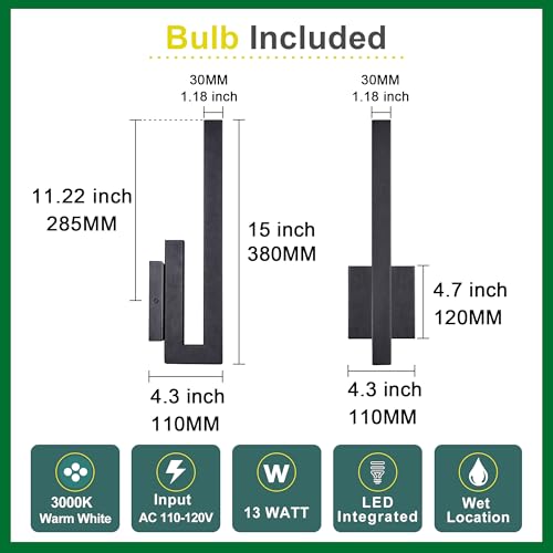 Image of Tarentlight 15 inch Ht Modern Minimalist Linear Outdoor Wall Light,3000K 13W Integrated LED,Textured Black Anti-Rust Metal,Wet Rated for Exterior House, Porch & Patio,Garage,Yard Front Door,Garden.