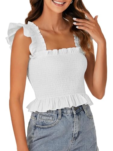 Rooscier Women's Smocked Ruffle Cap Sleeve Square Neck Peplum Blouse Top Plain White Small