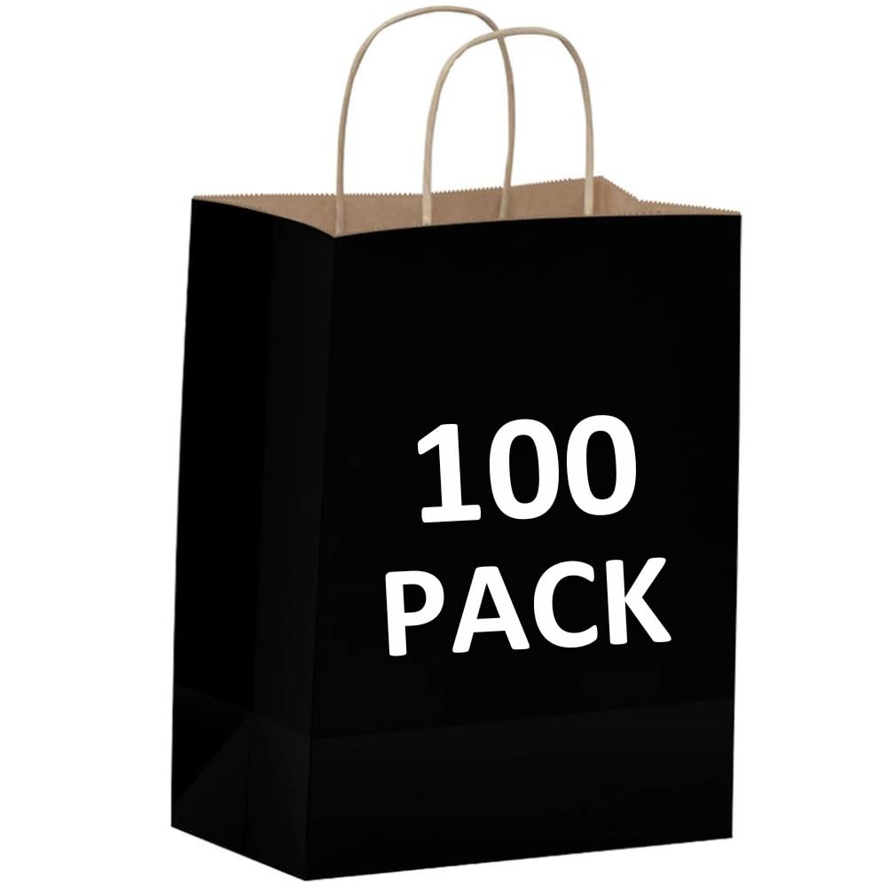 Qutuus Black Gift Bags with Handles Bulk - 100 Pcs 8x4.5x10 inches Black Paper Bags for Shopping, Retail, Small Business, Party, Merchandise