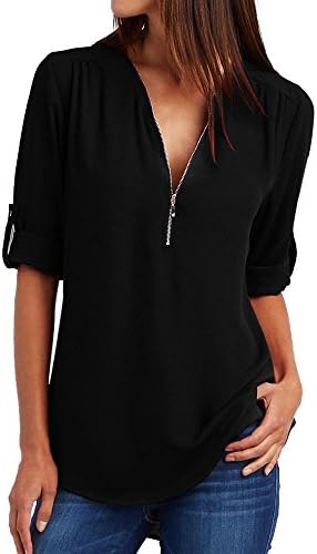 2021 Summer Flowy Fashion Zipper V-Neck Casual Tops T-Shirt Loose Tunic Tee Short Sleeve Shirt