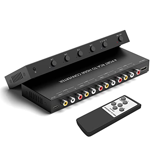 Wrugste 4 RCA auf HDMI Konverter,4 AV zu HDMI,Composite zu HDMI Adapter Unterstützung 16:9/4:3 Kompatibel mit WII/N64/PS2/PS3/VHS/VCR/DVD Player etc(4 AV in 1 HDMI Out)