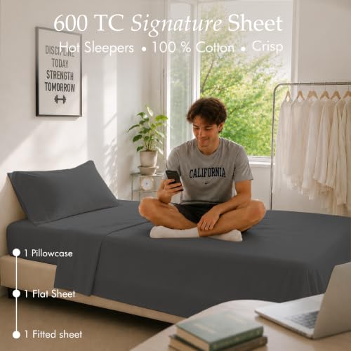 Image of Threadmill 600 Thread Count Cotton Twin Sheet Set, Sateen, Dark Grey