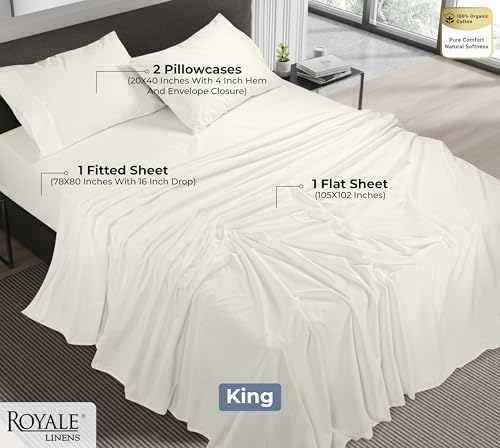 Image of ROYALE LINENS 100% Organic Cotton King Sheet Set - Percale Weave - 4 Pieces Set - 1 Flat, 1 Deep Pocket Fitted Sheet and 2 Pillowcases - Ivory Bed Sheets - Sabanas King - Crisp Cool (Ivory)