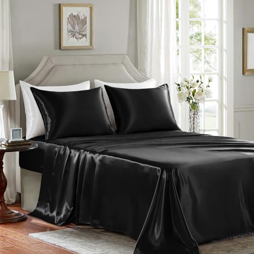 Satin Sheets Full Size - 4 Pieces Luxury Silky Soft Bed Sheets, Wrinkle-Free Black Satin Silk Sheet Set with 1 Deep Pocket Fitted Sheet, 1 Flat Sheet, 2 Pillow Cases - Image 4