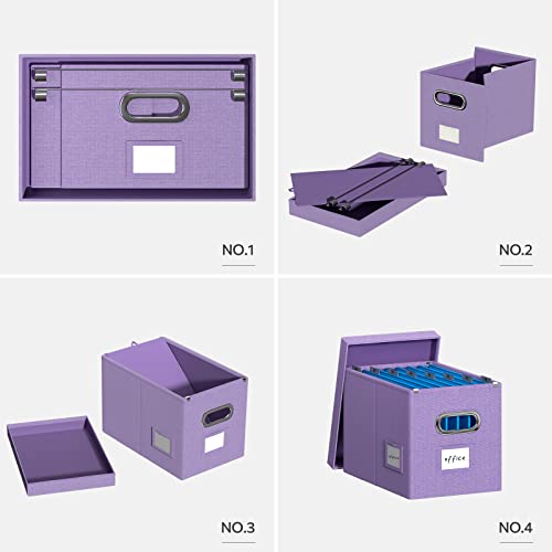Dywmm File Folder Organizer - Set Of 2 Collapsible Decorative Linen Filing Storage Hanging File Box With Lids Office File Cabinet For Space Saving (14X9.3X10.9 Inch) (Purple) #TOP5