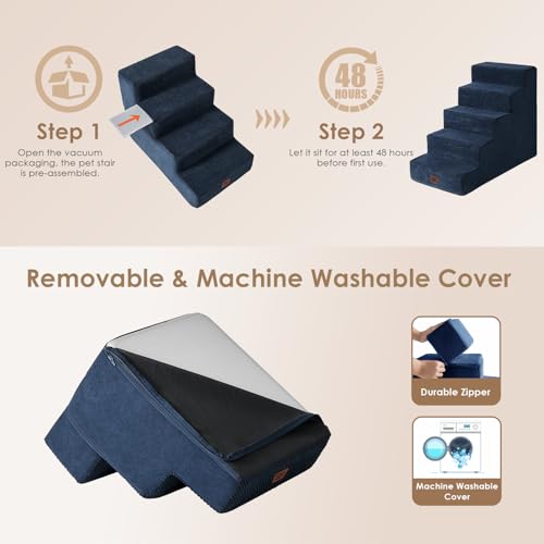 Image of EHEYCIGA Dog Stairs for Bed 25 inch H, 5-Step Extra Wide Dog Steps for High Bed, Pet Steps for Small Dogs and Cats, Non-Slip Balanced Pet Ramp Indoor, Navy Blue