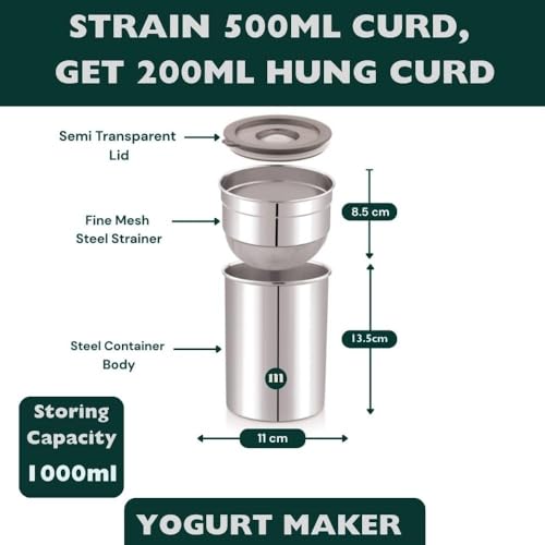 Image of Stainless Steel Multipurpose Greek Yogurt & Hung Curd Maker 1000ml | BPA-Free Steel Strainer with Storage Container | Fine Mesh Filter for Homemade Yogurt, Paneer & Cheese