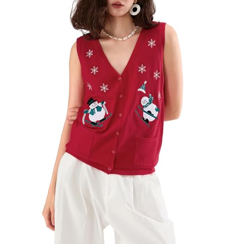 Image of Women Christmas Sweater Vests Santa Claus Print Sleeveless Knit Cardigan Vest Christmas Holiday Tank Top