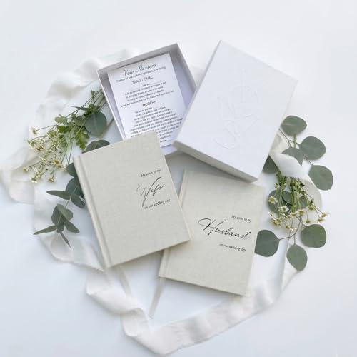 ADUN Stationery His and Hers Wedding Vow Books - Linen Hardcover, Gift Box & Ribbon Marker, 80 Pages Keepsake Journals for Bride & Groom, Perfect for Ceremony, Engagement & Bridal Shower Gifts [Ivory]