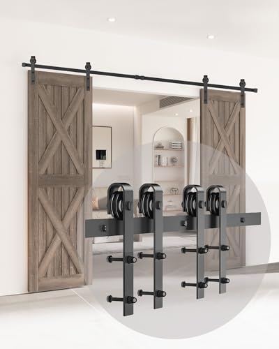 244CM/8FT Black Sliding Barn Door Track Kit, Double Door Hardware System, J-Shape Hangers