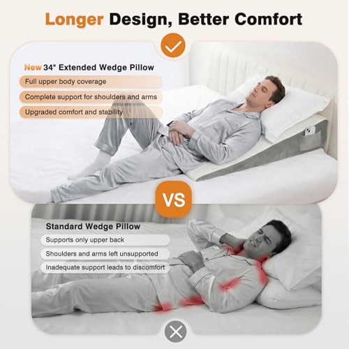 Image of Vekkia 34 inch Extra-Long Wedge Pillow for Sleeping, Body Pillow for Back & Arm Support, Elevated Pillows for Back Sleeping, Ideal for Tall Users, Washable Cover & Double Side Pockets, 7.5 inch Height