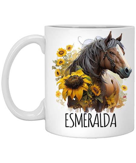 Horse Sunflower Personalized Coffee Mug, Custom Watercolor Mug with Name, Gift for Her, Birthday Gift Name Esmeralda 11oz White Mug Name Mug for Who