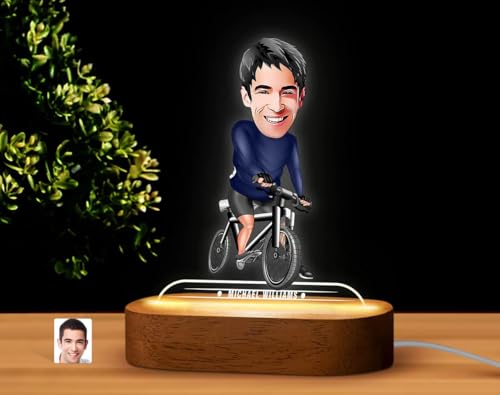 Image of THE GRANDEUR Caricature Gift for Men, Personalized LED Bicycle Cartoon Figurine Gift for Men - Custom Name Light with Wooden Base, Birthday Gift for Him, Cyclist Desk Decor, (15 x 6 cm)