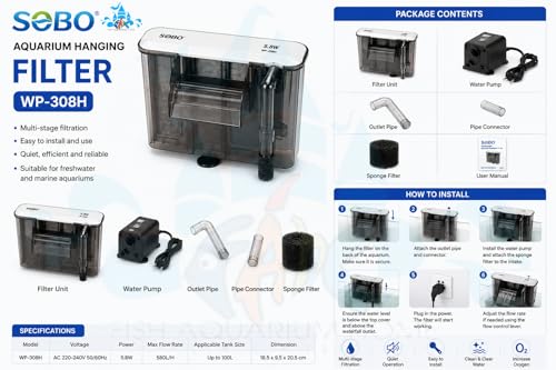 Image of Sobo WP-308H Slim Hang-On Filter | 5.8W, 580L /H | AC 220-240V | For 1Ft-1.5Ft Aquarium | ABS Builda | Adjustable Flow | Max Flow: 580l /h | Height 19 Cm