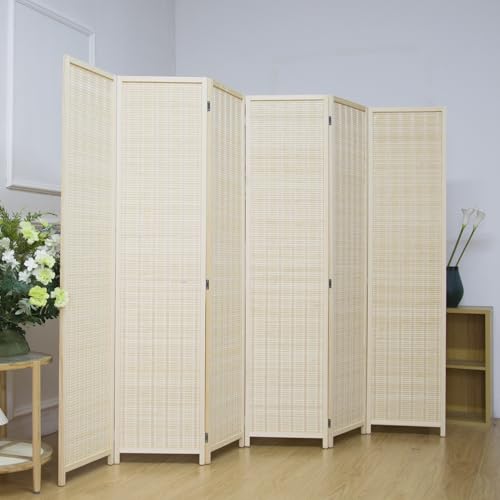 6 Panel Bamboo Room Divider, 5.6 FT Tall Folding Privacy Screen, Freestanding for Room Separation, Beige
