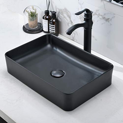 Black Bathroom Vessel Sink And Faucet Combo -Vokim 20"X14" Modern Rectangle Above Counter Black Porcelain Ceramic Vessel Vanity Sink Art Basin& Oil Rubbed Bronze Faucet Combo #TOP1