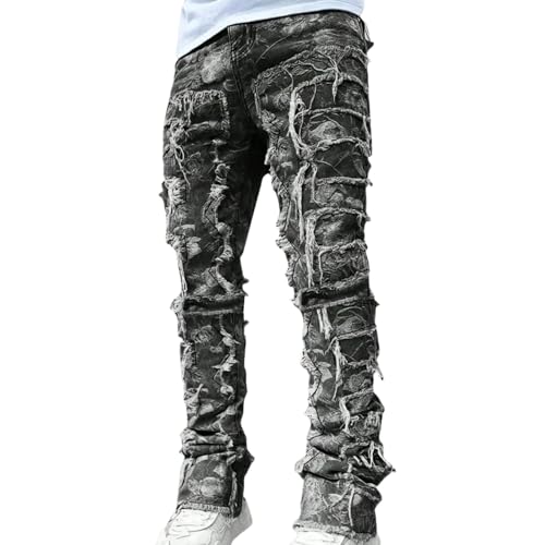 Stacked Jeans Men Skinny Ripped Jeans Slim Fit Denim Pants Y2K Goth Harajuku Emo Jeans Trouser (US Alpha Medium Regular Regular Black#I)