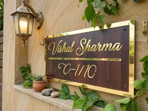 Image of Personalized Craft Wood Luxury Door Name Plates for Home Entrance (15x30 Cm) with 3D Embossed Letters- Ideal for Home & Office Entrances With Stainless Steel Screws || Door name plates (WoodGold)