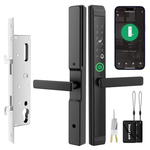 Sliding Door Smart Lock, Sliding Glass Door Lock with Fingerprint, JNZCH Smart Mortise Lock with App Control, IC Card, Keys, Anti-Peep Touchscreen, Perfect for Patio, Home