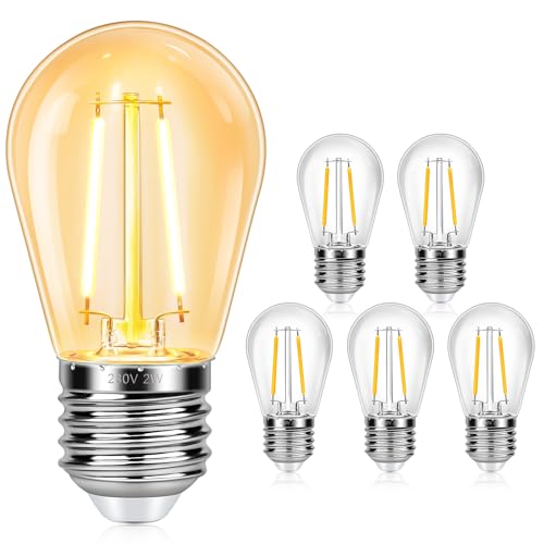 6 Stück S14 E27 2W LED Glühbirnen, Ersatz 20W Glühbirnen Außen, 2700K Warmweiß, AC220-240V, S14 Klar Birnen, Nicht Dimmbar, Ersatzbirne für Innen Außen-Lichterketten, Camping, Garten, Party