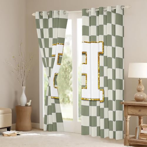 Image of Erosebridal Sage Green Checkered Window Curtains 52 inch Wx84 L Plaid Initial H Blackout Curtains for Bedroom Living Room,Personalized Monogram Window Treatments Grids Gingham Drapes Decor 2 Panels