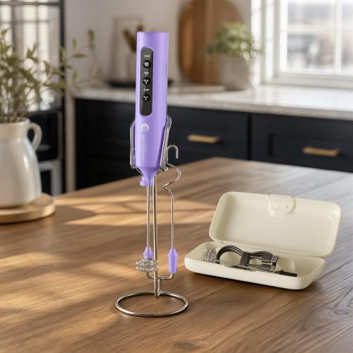 Image of Rechargeable Milk Frother with Stand, 4 Interchangeable Whisks & Travel Case - Handheld Mixer for Lattes, Matcha, Hot Chocolate, Eggs & Protein Shakes
