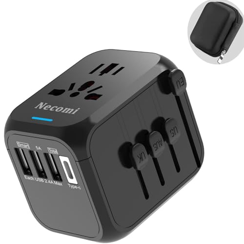 Necomi Universal Travel Adapter International Charger Power Adapter Wall Charger AC Plug Adaptor with 3 USB And 1 Type-C for USA EU UK AUS محول السفر (Black With storage bag 15W-3A1C)