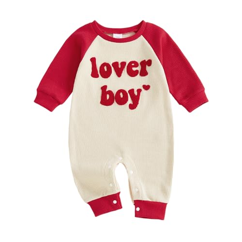 Carolilly Toddler Baby Boys Valentine's Day Romper Long Sleeve Newborn Infant Sweater Romper Sweatshirt Letter Embroidery Stripe Bodysuit Boys Baby Jumpsuit Party Clothes (Apricot, 6-12 Months)
