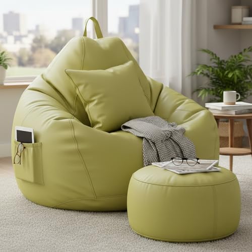 Image of KAM'S LIEU 6XL Luxury Faux Leather Bean Bag with Footrest & Cushion | Pre-Filled High-Density Polystyrene Beans | Premium Leatherette |Teardrop Handle Design | 6 Months Warranty Color- Olive Green