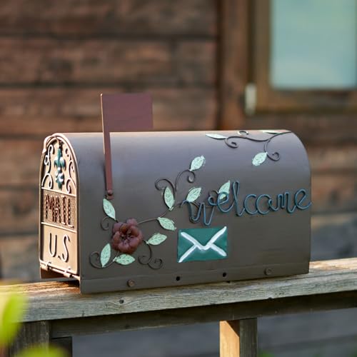 Image of Vintage Metal Post-Mount Mailbox, Decorative Mailboxes for Outside with Floral & Welcome Design