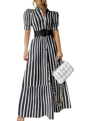 Image of utcoco Womens Striped Button Down Shirt Dress Casual Puff Short Sleeve Ruffle Hem Maxi Dresses with Belt