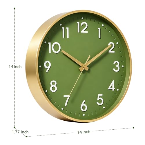 Image of Mosewa Wall Clock 14 Inch, Battery Operated Non-Ticking Modern Analog Clock Decorative for Kitchen, Bedroom, Office, Home(Olive Green and Gold)