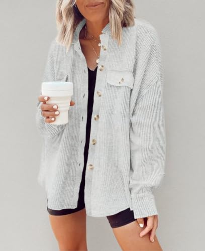 Image of Womens Corduroy Button Down Shirts Color Block Long Sleeve Blouses Tops Jackets