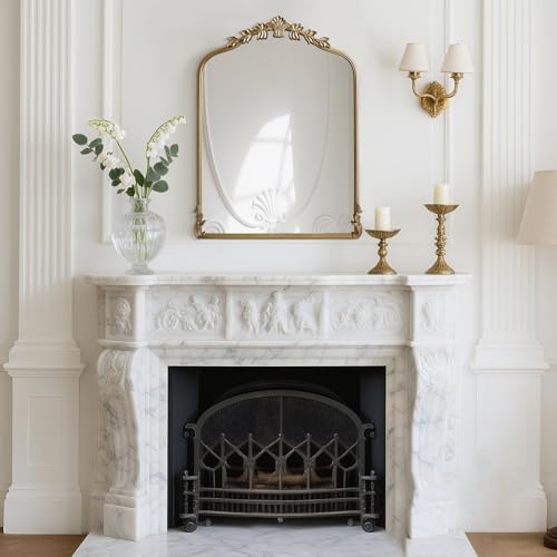 Image of WallBeyond Gold Antique Mirror for Vanity 24x32 Inch, Gold Vintage Mirror with Ornate Frame, Arched Vintage Wall for Bathroom, Living Room, Fireplace