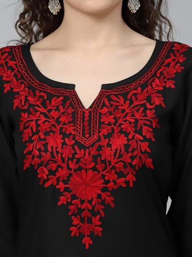 Image of QAZMI Women's Floral Aari Embroidered Viscose Rayon 3 /4 Sleeves Straight Kurta