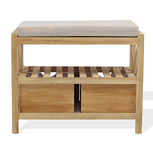 Rebecca Mobili Banco Shabby, Asiento con 2 cajones, Madera de Paulonia, Beige, Muebles de Entrada Dormitorio - Medidas: 46 x 60 x 33 cm (AxANxF) - Art. RE4451