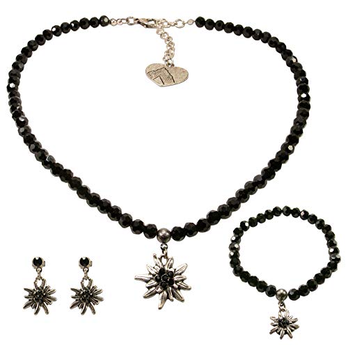 Preisvergleich Produktbild Alpenflüstern Trachtenschmuck-Set Perlen-Trachtenkette, Trachten-Armband und Trachten-Ohrhänger Strass-Edelweiss - Damen-Trachten-Schmuck, Trachtenset Kette, Armkette und Ohrringe schwarz SET038
