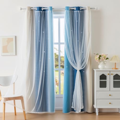 Image of indistar Star Blackout Curtains for Girls Kids Bedroom, Colourful Stripe Window Curtain Panels, 2 Layer Lace Drapes, Room Darkening Curtain for Living Room Decor, 1 Panel（Blue W35 x L63 inch）
