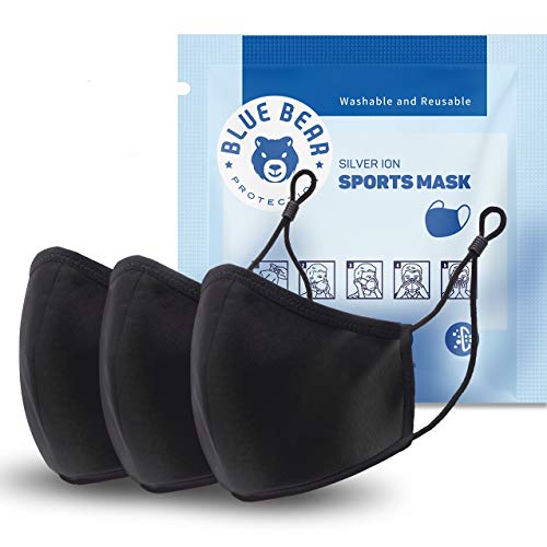 Blue Bear Protection Sports Mask, Sports Face Mask, Adjustable Face Mask Reusable, Washable Face Masks, Face Mask Sports, Black, Large/X-Large (Pack of 3)