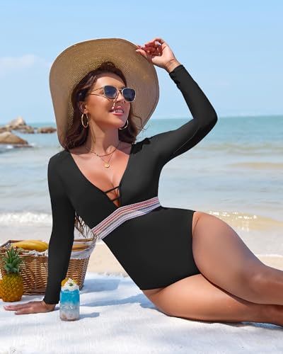 Women One Piece Swimsuit Long Sleeve High Waisted Tummy Control Bathing Suit Full Coverage Rash Guard4