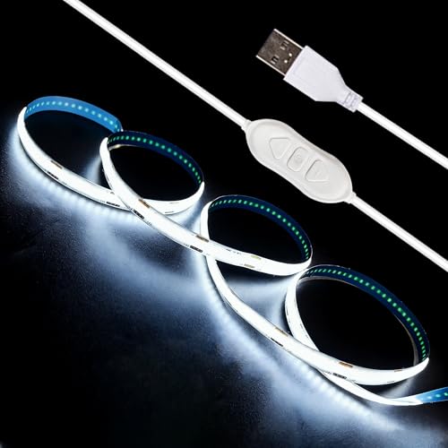 XINGZHI 5V USB LED Strip Lights 3.28FT, 3Key COB LED Light Strip White, Short LED Strip Light, Flexible Bright for Under Cabinet, Kitchen, TV Backlight, Shelves, Displays and TV Lights