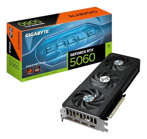 GIGABYTE GeForce RTX 5060 Eagle MAX OC 8G Tarjeta Gráfica – 8 GB GDDR7, 128 bits, PCI-E 5.0, frecuencia de núcleo 2550 MHz, 3 x DisplayPort, 1 x HDMI, NVIDIA DLSS 4, GV-N5060EAGLEMAX OC-8GD 1.0