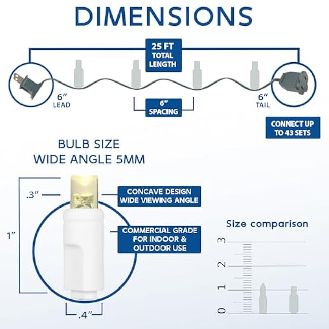 Novelty Lights 25 Feet 50 Light Warm White LED Christmas Lights White Wire, Connectable Mini String, Indoor/Outdoor, Commercial Grade, UL Listed