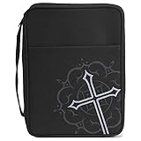 Black Medallion Cross and Pocket Nylon Bible Cover with Handle, Large