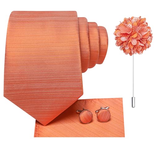 Image of Hi-Tie Men Silk Ties Set with Flower Lapel Pin Necktie Pocket Square Cufflinks for Tuxedo Wedding Business