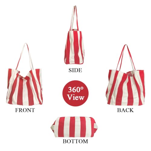 Image of Striped Canvas Tote Handbag for Women Vertical Stripe Large Capacity Shoulder Bag for Shopping Travel