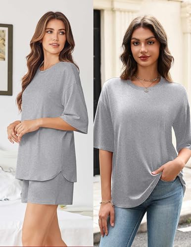 Image of Ekouaer Women's Two Piece Lounge Set Oversized Boxy T-shirt Casual Short Sets Summer Travel Matching Set 2026 Fashion