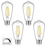 Ascher E26 LED Light Bulbs, Dimmable, 6W, Equivalent 60W, 800lm, Warm White 2700K, ST58 Edison Bulb, Vintage Filament Clear Glass, Pack of 4